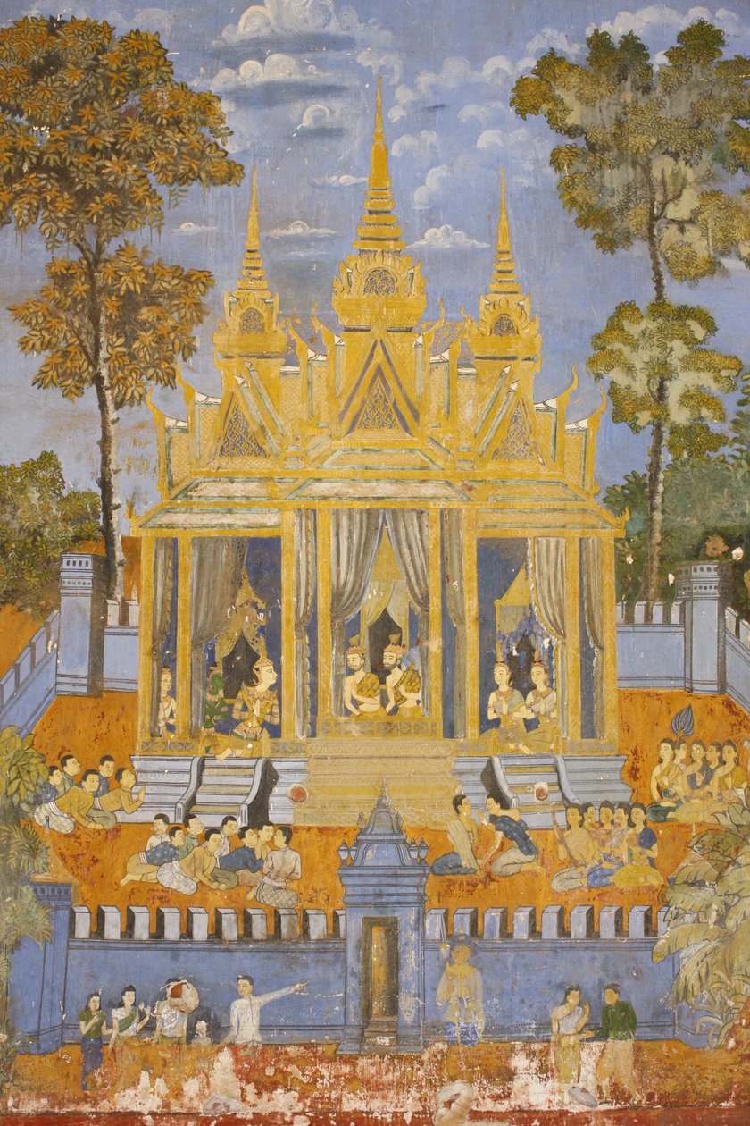 Silberpagode, Dieses Wandgemälde zeigt Szenen aus dem Reamker, der kambodschanischen Version des klassischen hinduistischen Gedichts Ramayana, Phnom Penh, Kambodscha von Unbekannt