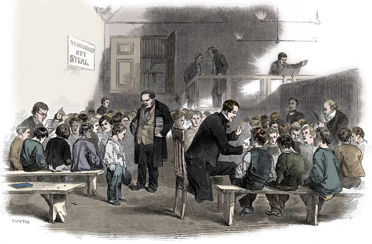 Jungen das Lesen beibringen in der Ragged School Union Schule, Lambeth, London, 1868 von Unbekannt