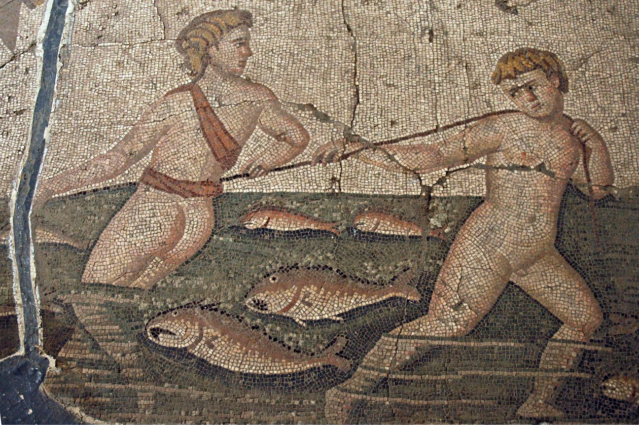Thalasse und die nackten Fischer, Mosaik aus Vakto, Detail, Türkei von Unbekannt