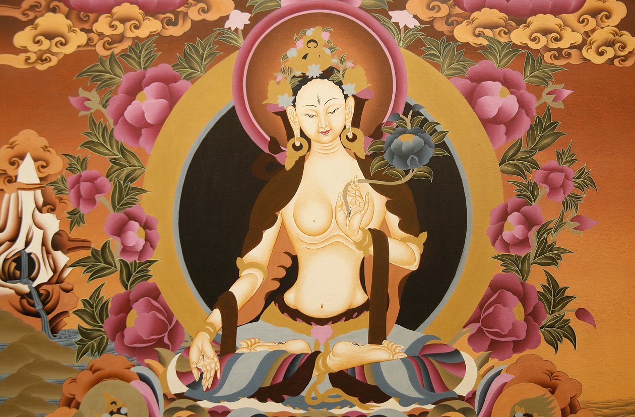 Thangka, die die Weiße Tara-Göttin darstellt, buddhistisches Symbol für langes Leben, Bhaktapur, Nepal von Unbekannt