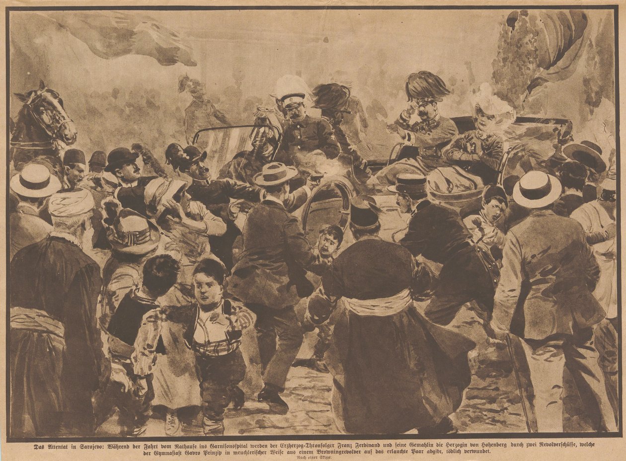 Die Ermordung von Erzherzog Franz Ferdinand von Österreich und seiner Frau in Sarajevo, 28. Juni 1914 von Unbekannt