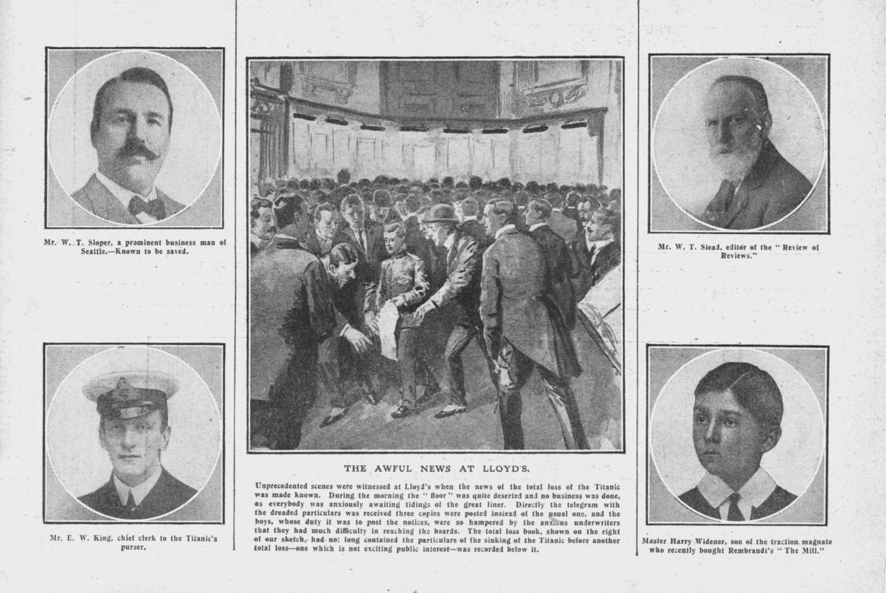 Die schreckliche Nachricht bei Lloyds, mit Porträts einiger derjenigen an Bord der Titanic, 20. April 1912 von Unbekannt
