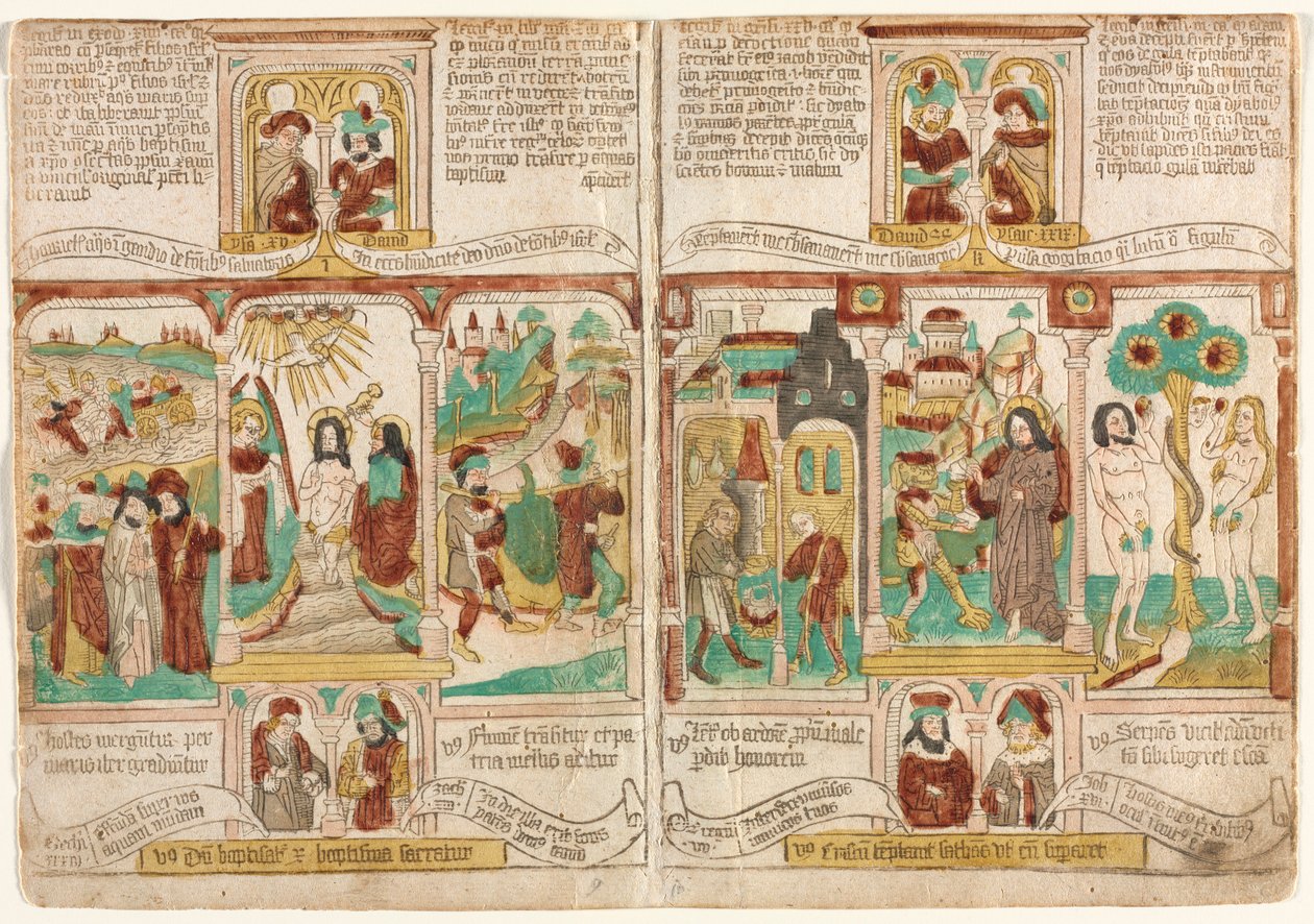 Die Bibel der Armen Biblia Pauperum, Pharaos Armee ertrinkt im Roten Meer..., 1450-1465 von Unbekannt