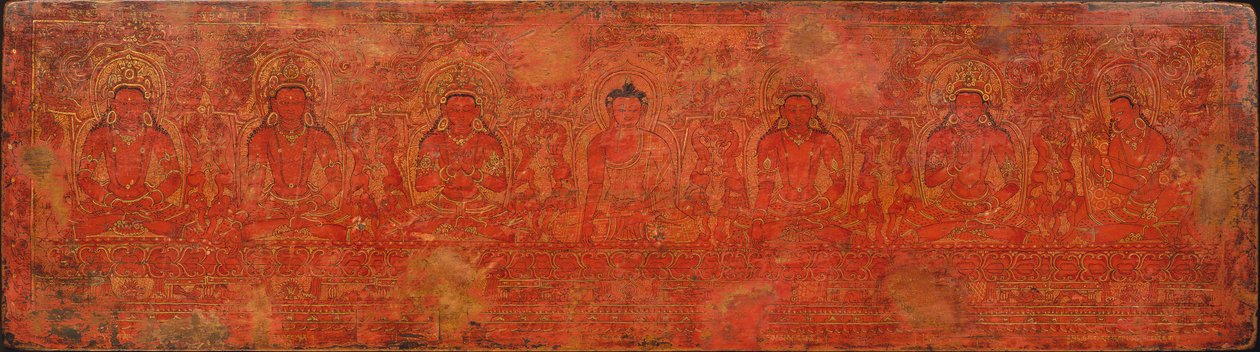 Der Buddha Shakyamuni, fünf vergangene Buddhas und Maitreya, ca. 15. Jahrhundert von Unbekannt