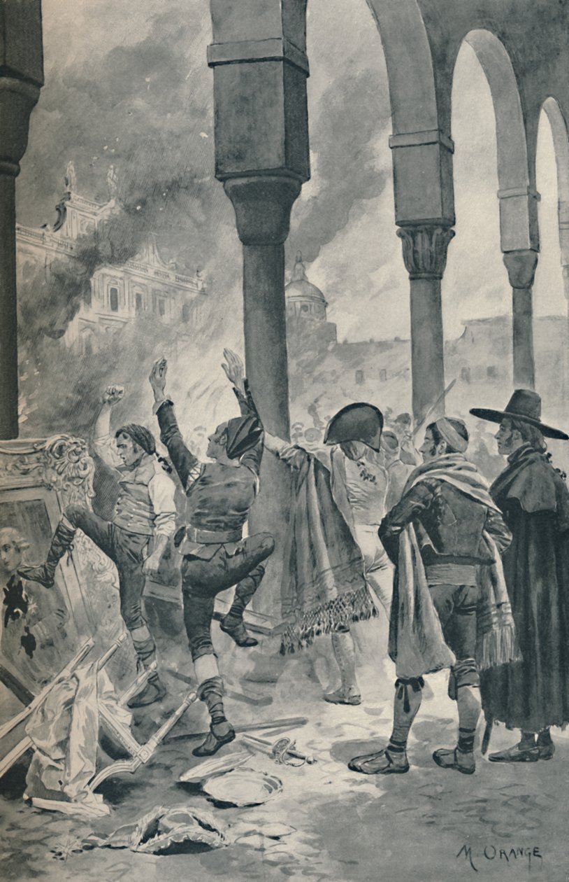 Das Verbrennen eines Palastes von Godoy durch die Bevölkerung in Madrid, 1896 von Unbekannt