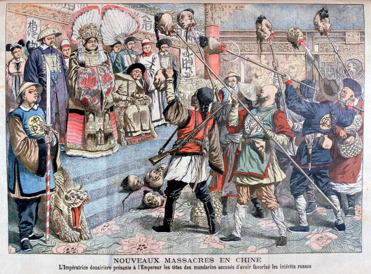 Der Kaiser wird die Köpfe der Mandarine gezeigt, die verdächtigt werden, die Russen zu unterstützen, China, 1904 von Unbekannt