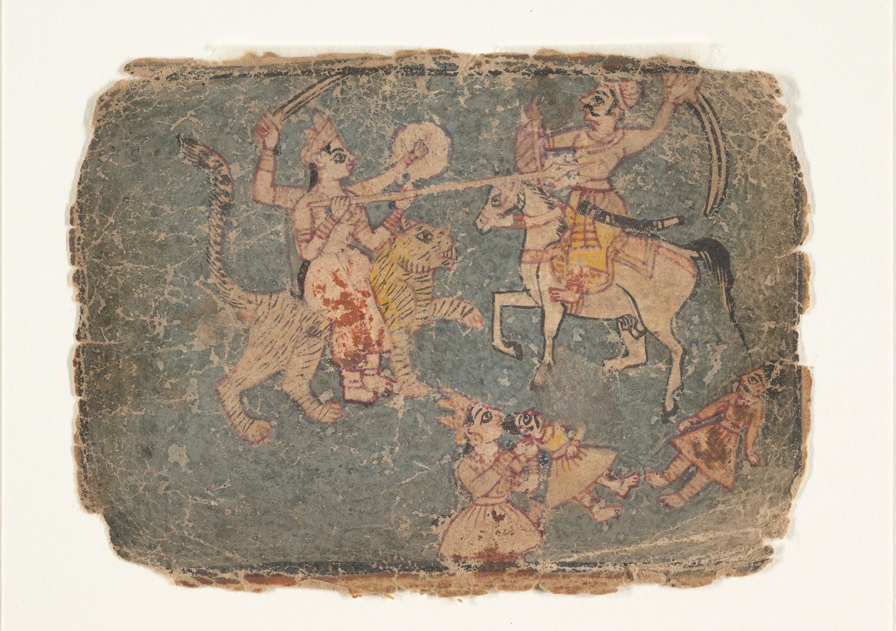 Die Göttin Durga erschlägt einen Feind, Seite aus einem verstreuten Markandeya Purana..., 1650-60 von Unbekannt