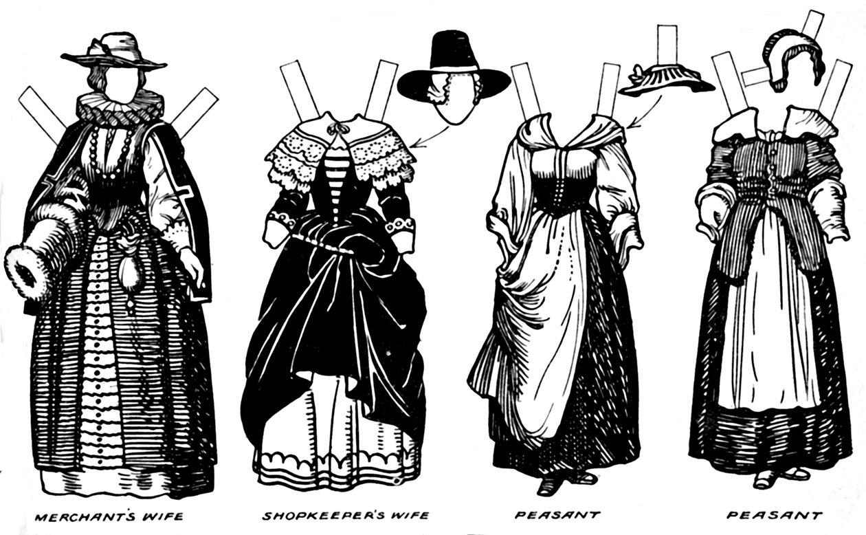 Die große Galerie der historischen Kostüme: Kleid getragen in der Regierungszeit von James I., um 1934 von Unbekannt