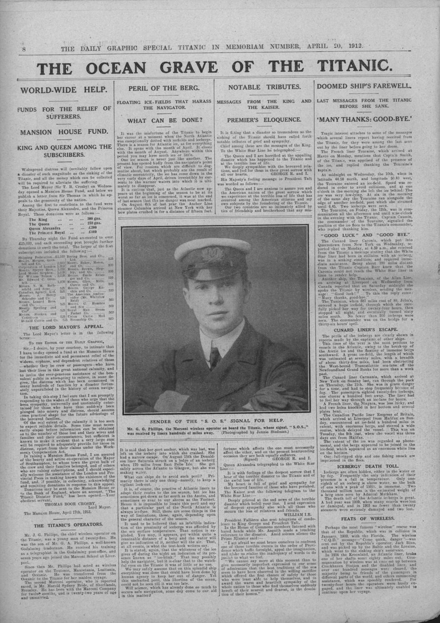 Das Ozeangrab der Titanic und Fotografie von Jack Phillips, 20. April 1912 von Unbekannt