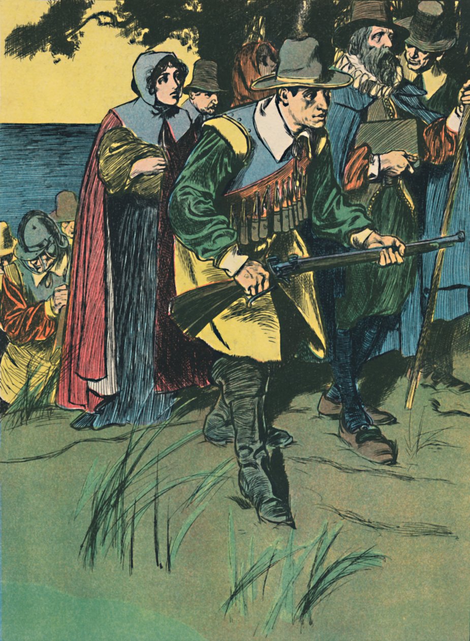 Die Pilgerväter betreten die Neue Welt, um 1907 von Unbekannt