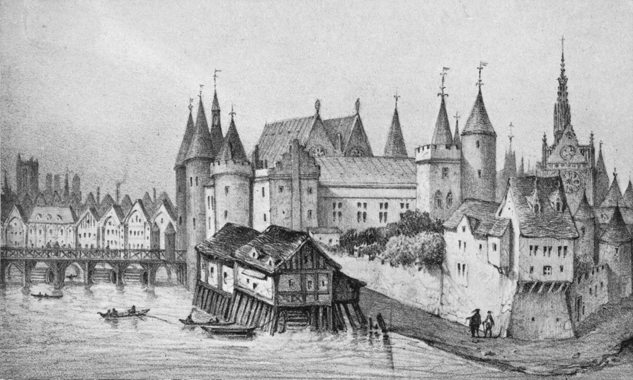 Der Pont aux Meuniers und ein Teil des Palais du Roi de la Cité im Jahr 1556, 1915 von Unbekannt