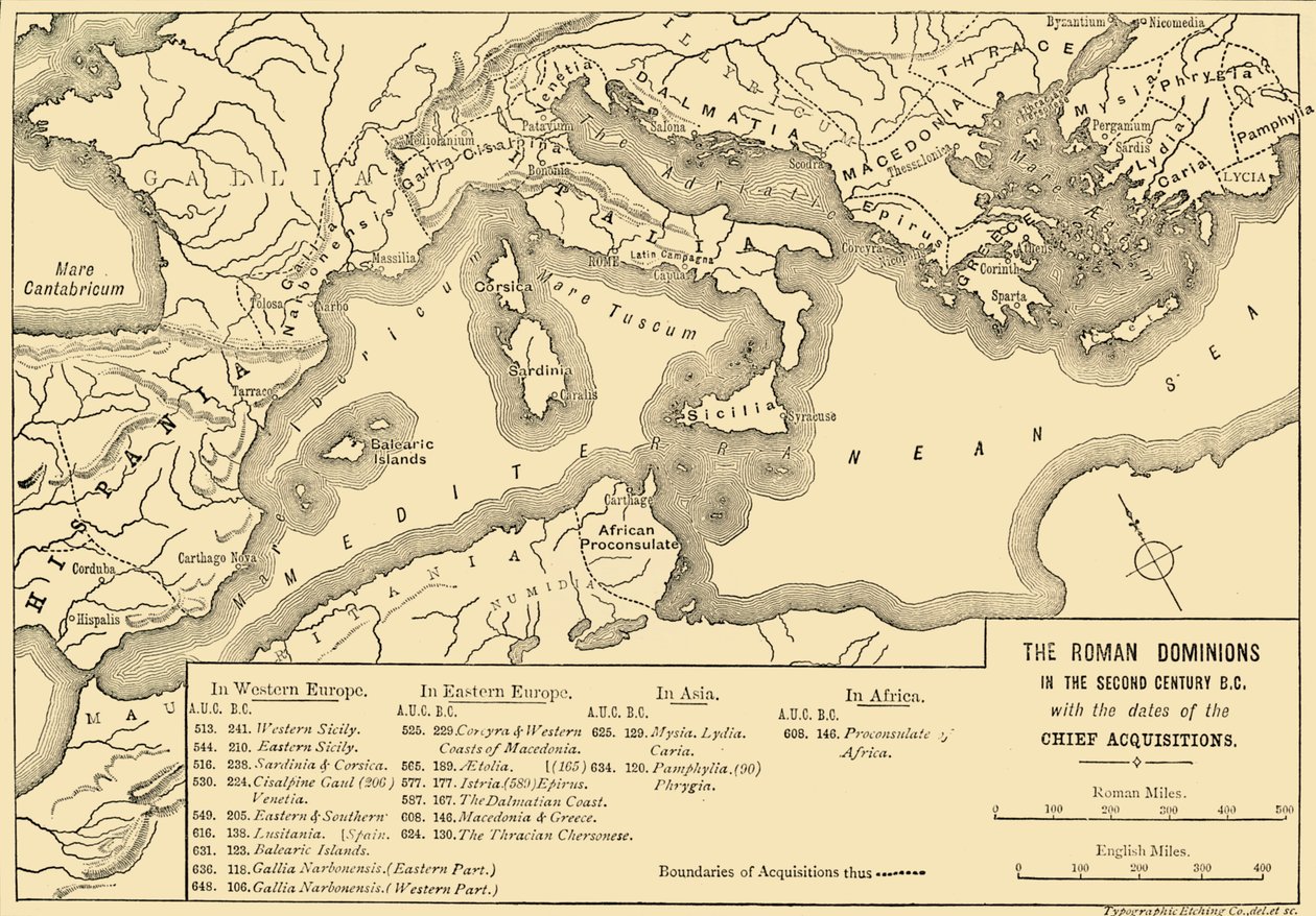 Die römischen Herrschaftsgebiete im zweiten Jahrhundert v. Chr. mit den Daten der wichtigsten Erwerbungen, 1890 von Unbekannt