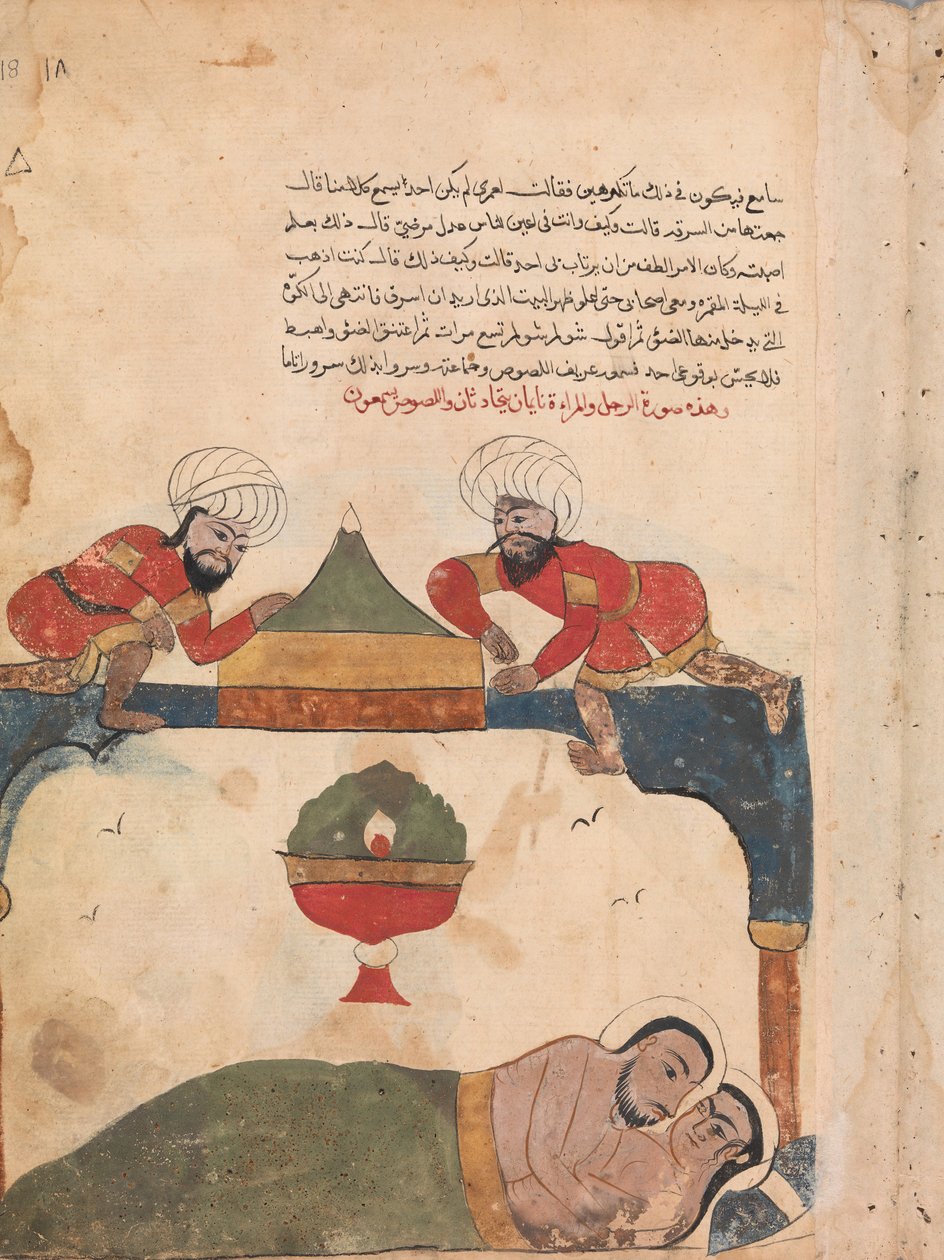 Die Diebe auf dem Dach wecken den Kaufmann, Folio aus einem Kalila wa Dimna von Unbekannt