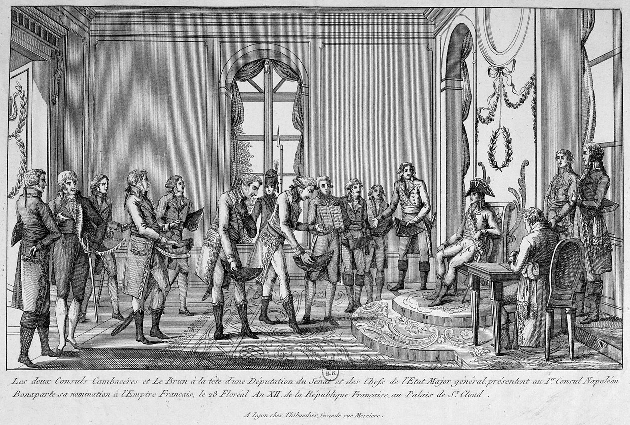 Die beiden Konsuln Cambacérès und Le Brun ernennen Napoleon zum Kaiser, 19. Jahrhundert von Unbekannt