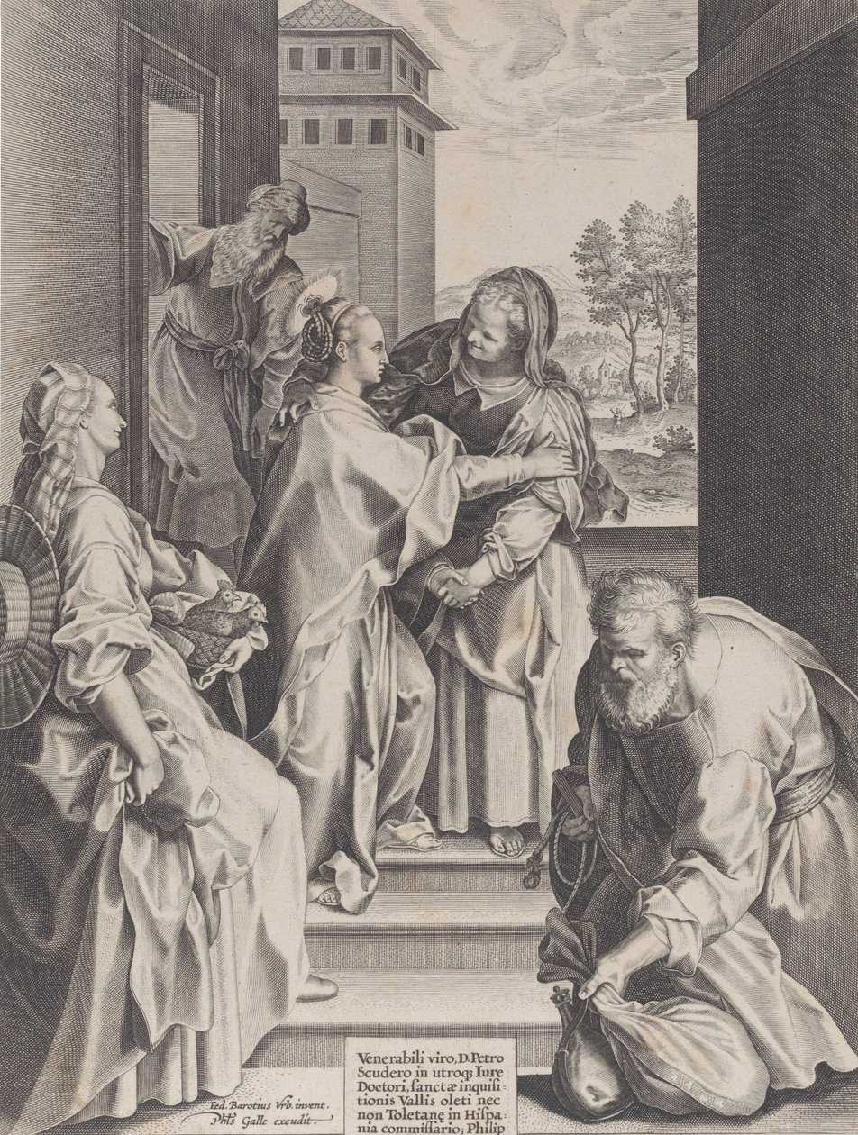 Die Heimsuchung, die Jungfrau und die heilige Elisabeth umarmen sich in der Mitte, flankiert von anderen Figuren, 1589 von Unbekannt