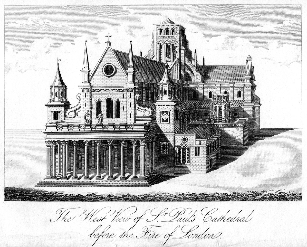 Die Westansicht der St. Pauls Kathedrale vor dem Großen Brand von London von Unbekannt