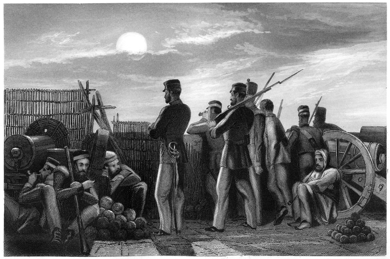 Die Verteidiger auf der Wache, Batterie in Lucknow, 1857 von Unbekannt