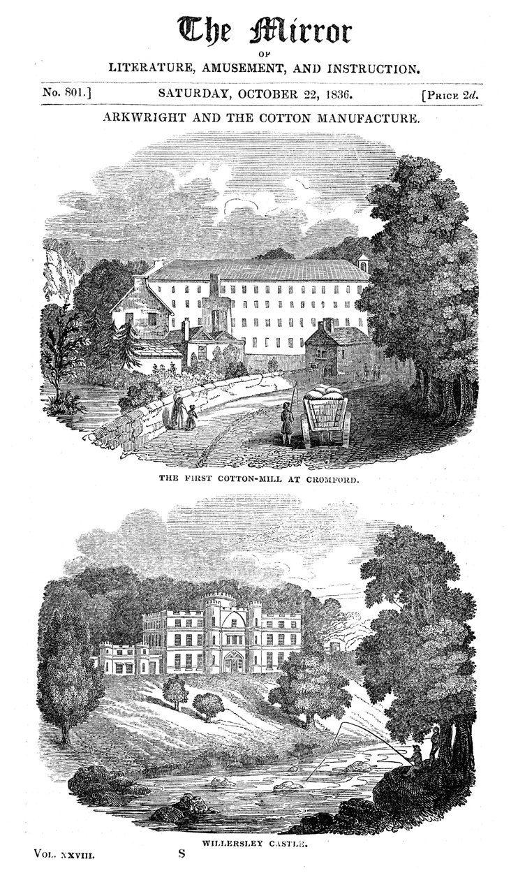 Die erste Baumwollspinnerei in Cromford, Derbyshire, und Richard Arkwrights Haus von Unbekannt