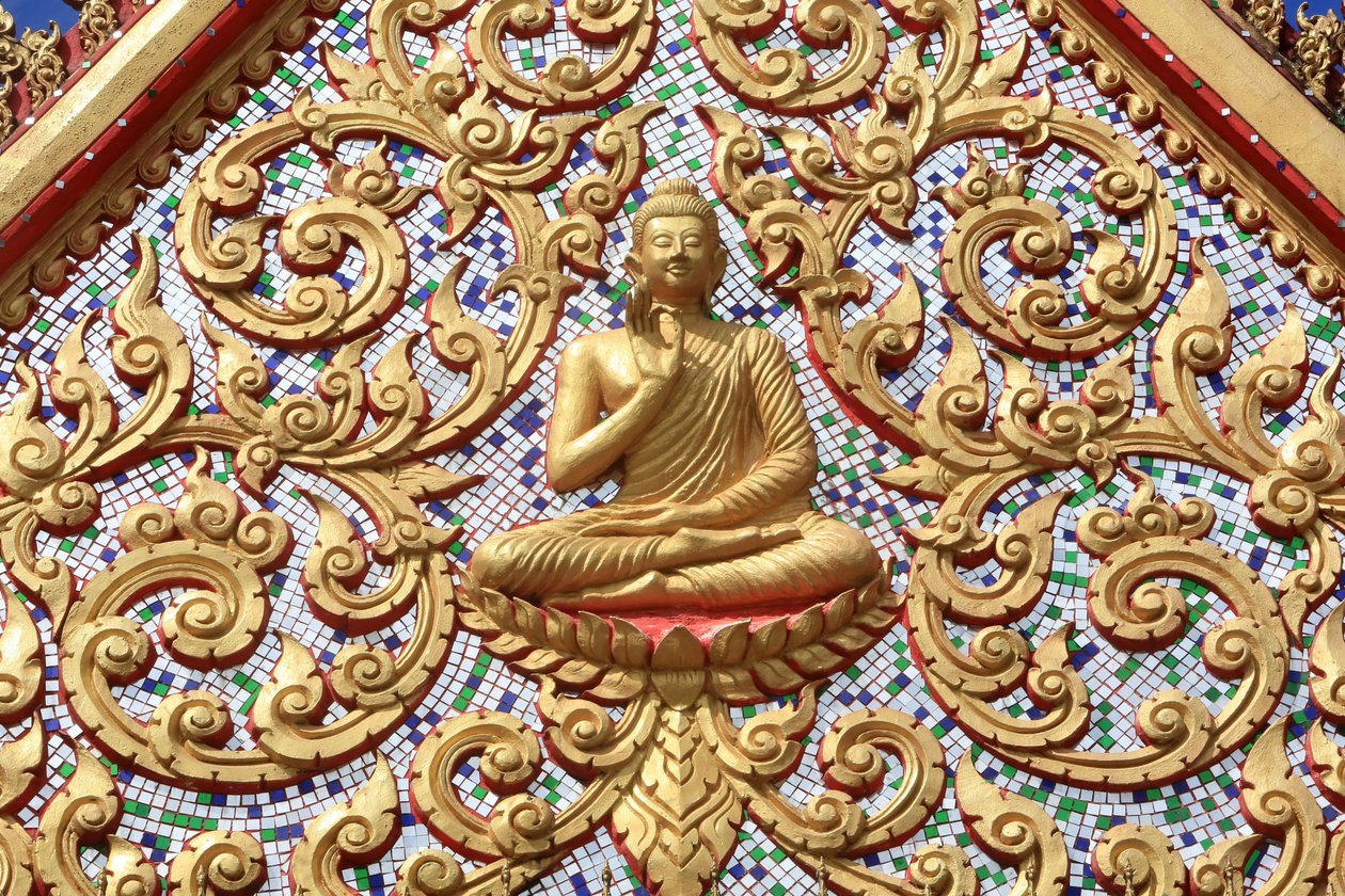 Die erste Predigt Buddhas nach der Erleuchtung. Wat Si Sou Mang Karam Tempel. Vieng Vang. Laos von Unbekannt