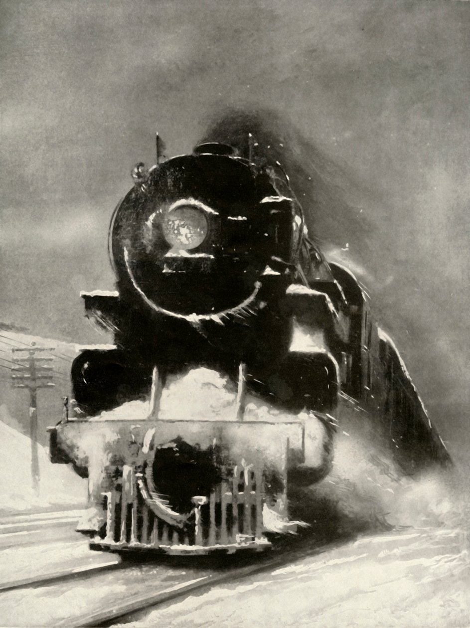 Die Wut des Schneesturms beeindruckt diese riesige Lokomotive nicht, 1935 von Unbekannt