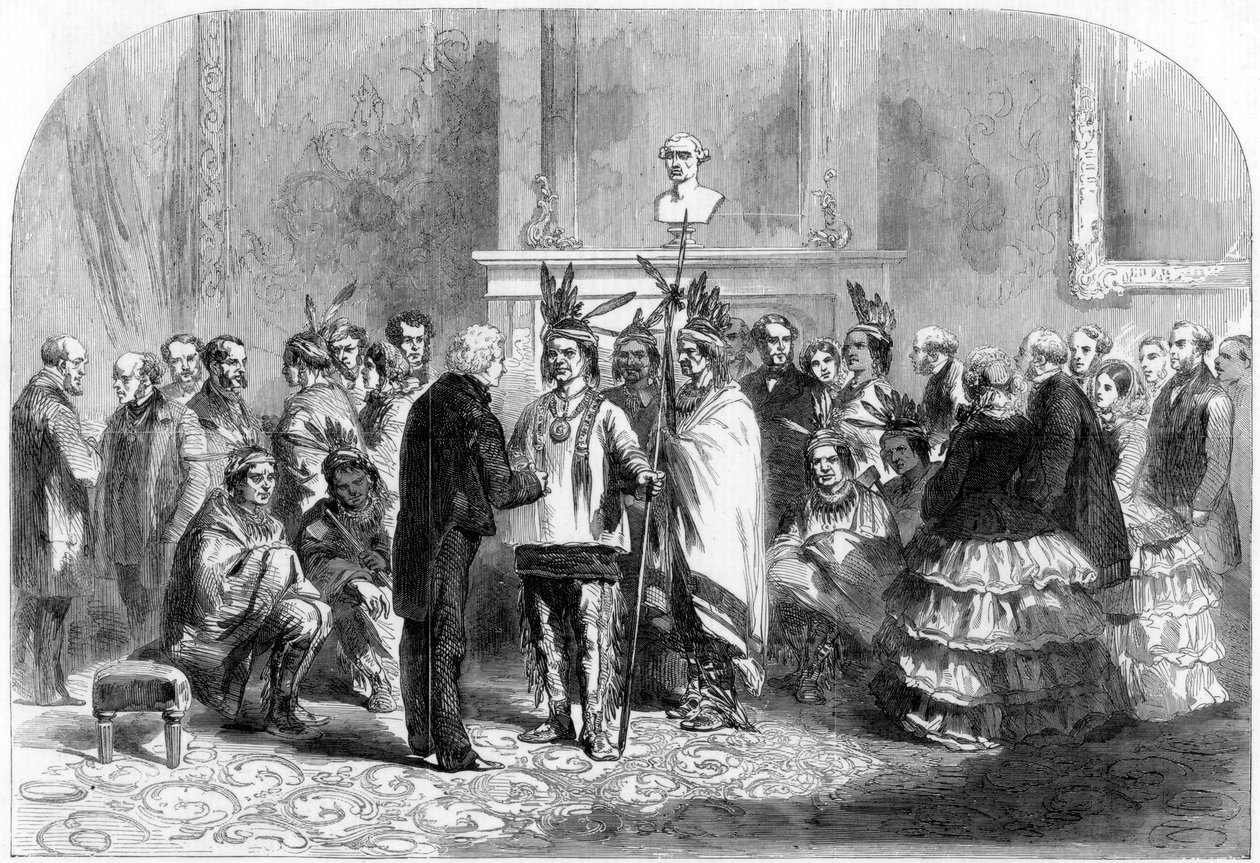 Der Präsident der Vereinigten Staaten bringt die feindlichen Stämme dazu, sich die Hände zu schütteln, 1858 von Unbekannt