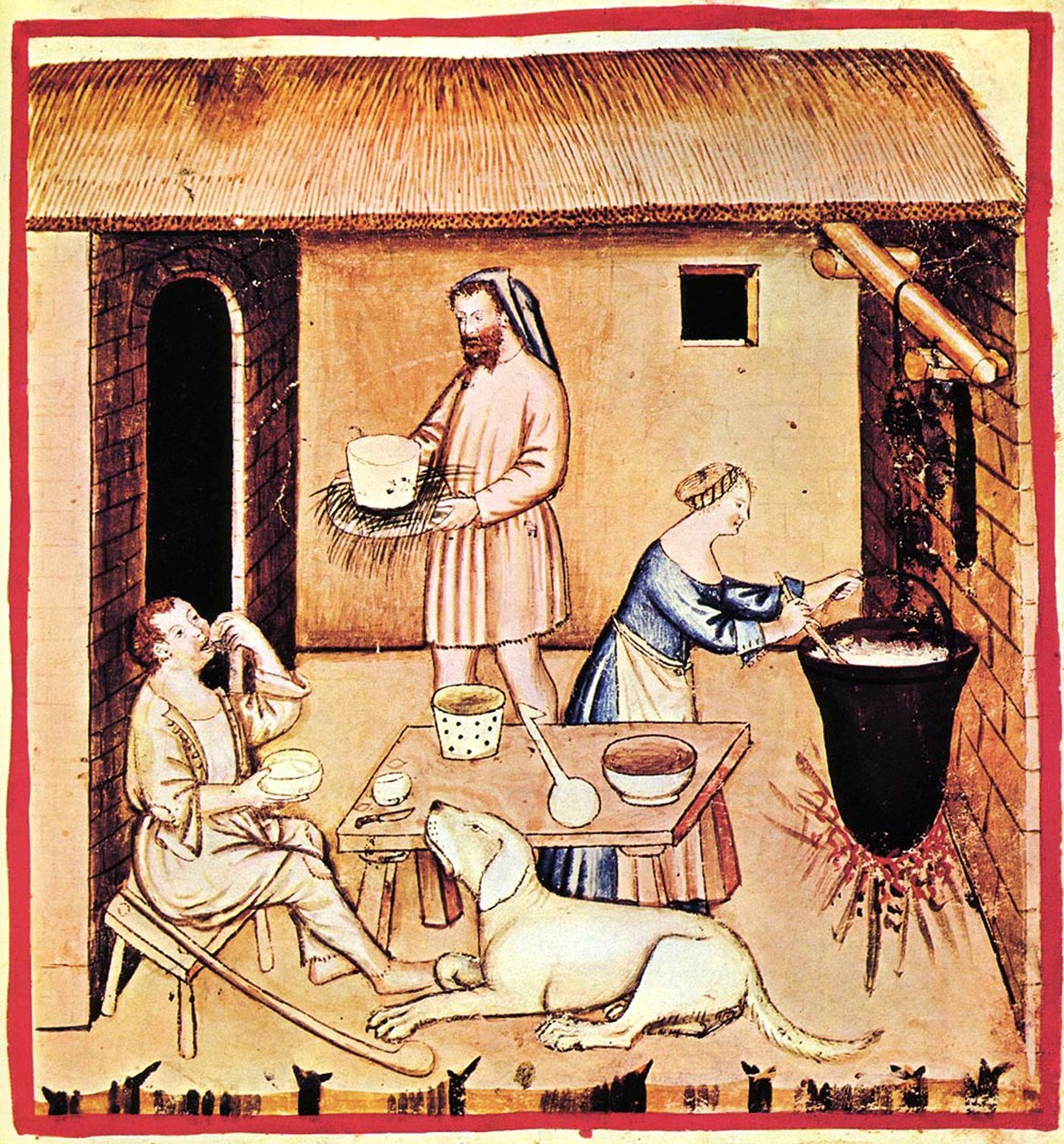 Die Käseproduktion. Eine Miniatur aus Tacuinum Sanitatis, zweite Hälfte des 14. Jahrhunderts von Unbekannt