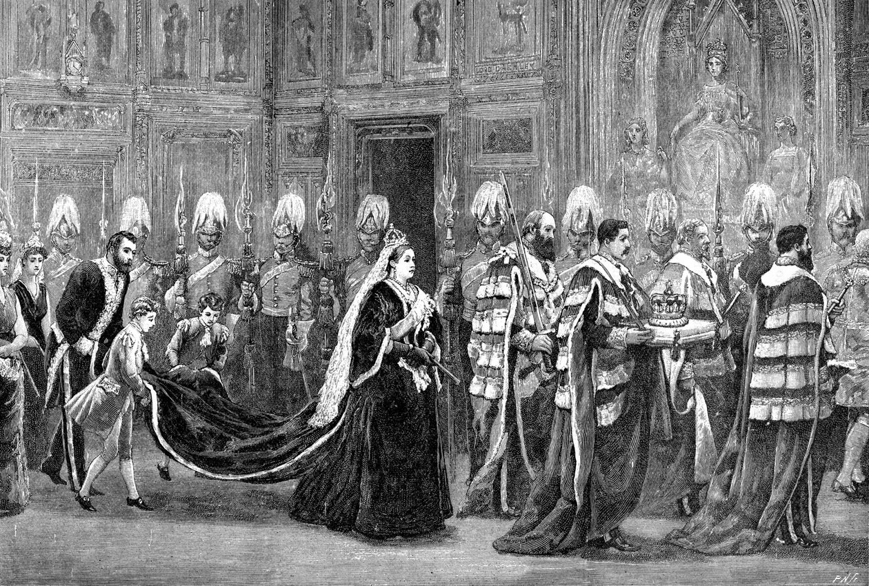 Die königliche Prozession im Westminster Palace auf dem Weg zum House of Lords, 1886 von Unbekannt