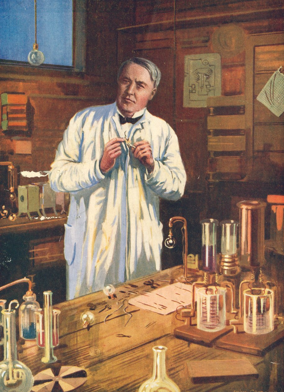 Thomas Edison, amerikanischer Erfinder, in seinem Labor, Menlo Park, New Jersey, USA, 1870er-1920er von Unbekannt