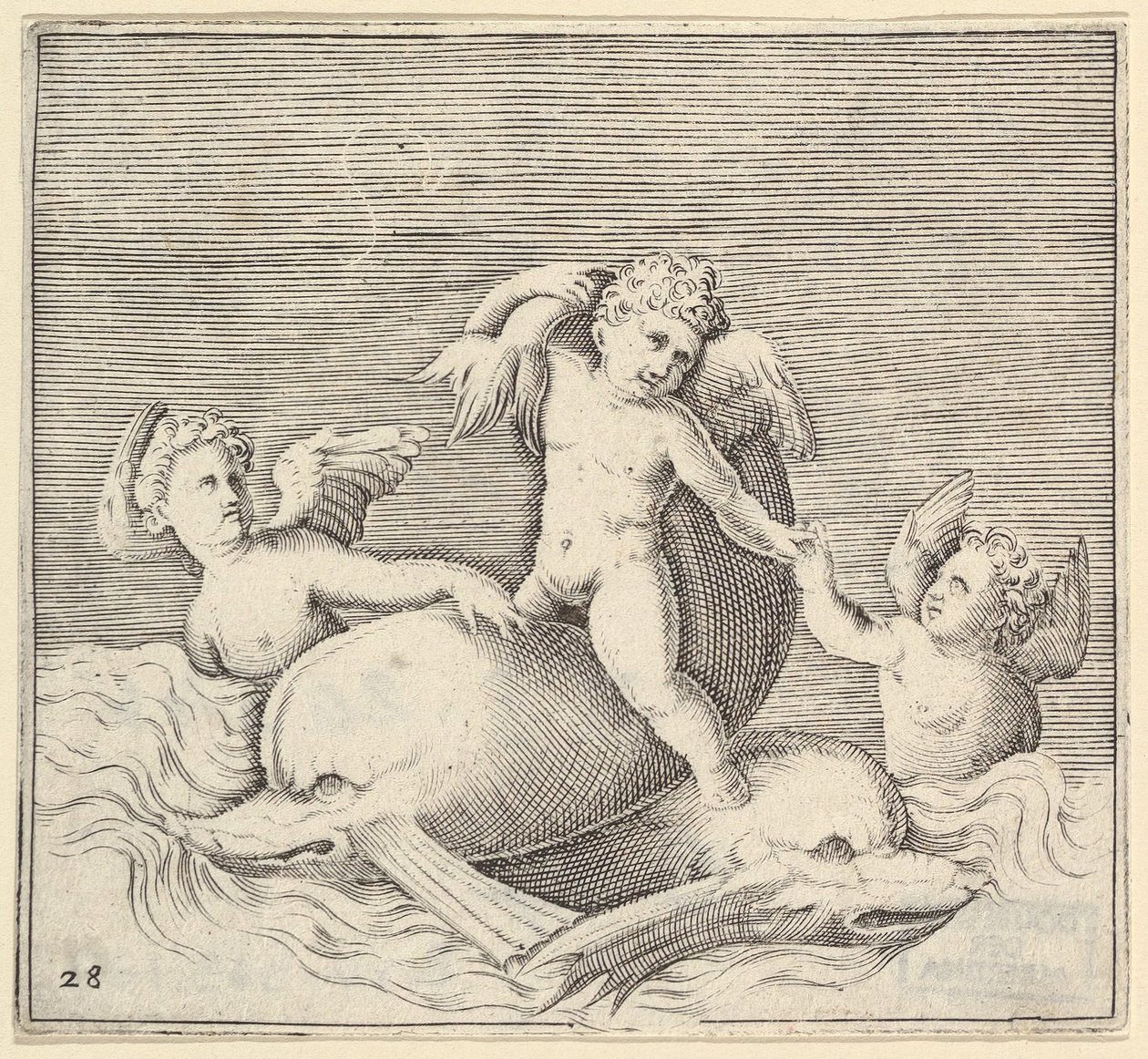 Drei Cupidos und zwei Delfine, veröffentlicht um 1599-1622 von Unbekannt
