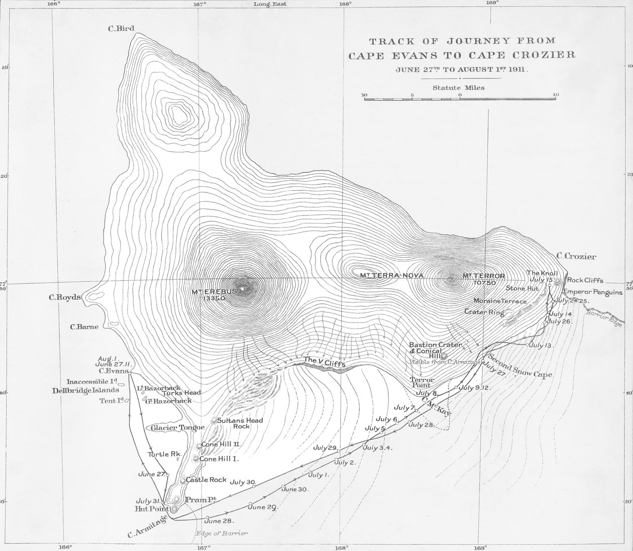 Reiseweg von Cape Evans nach Cape Crozier - 27. Juni bis 1. August 1911, 1913 von Unbekannt