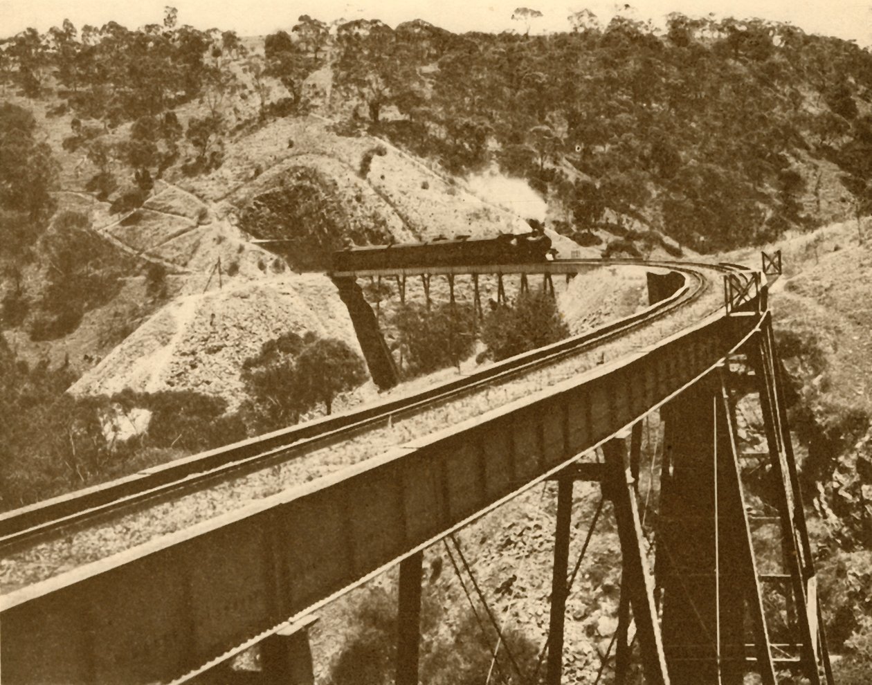 Zug überquert Viadukt, Mount Lofty Range, Südaustralien, 1930 von Unbekannt