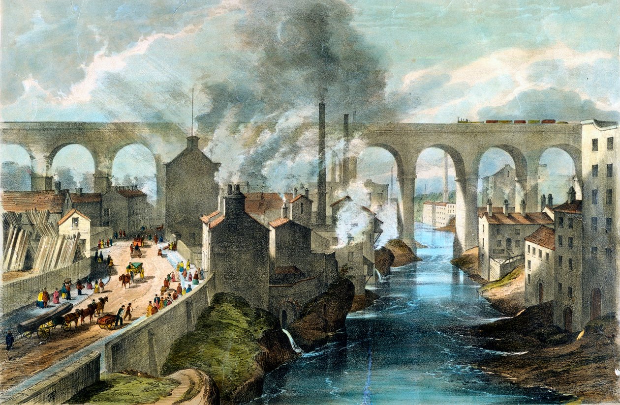 Zug überquert das Stockport-Viadukt auf der London & North Western Railway, ca. 1845 von Unbekannt