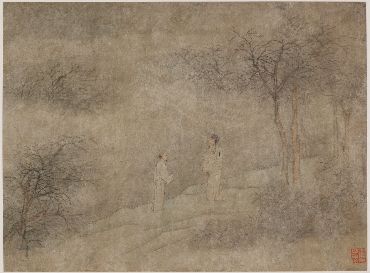 Zwei Männer gehen in einem nebligen Hain, Ming-Dynastie, 1368-1644 von Unbekannt
