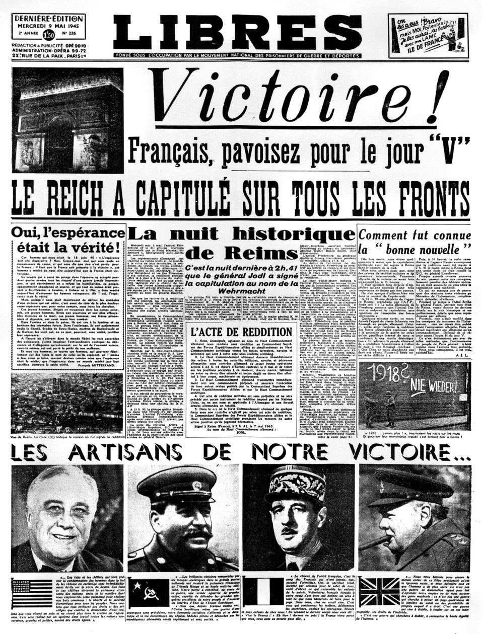 Sieg!, Titelseite der Zeitung Libres, 9. Mai 1945 von Unbekannt