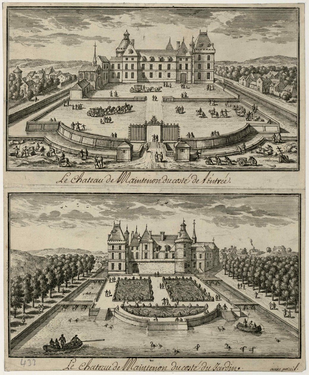 Ansicht des Château de Maintenon vom Eingang und vom Garten, 17. Jahrhundert von Unbekannt