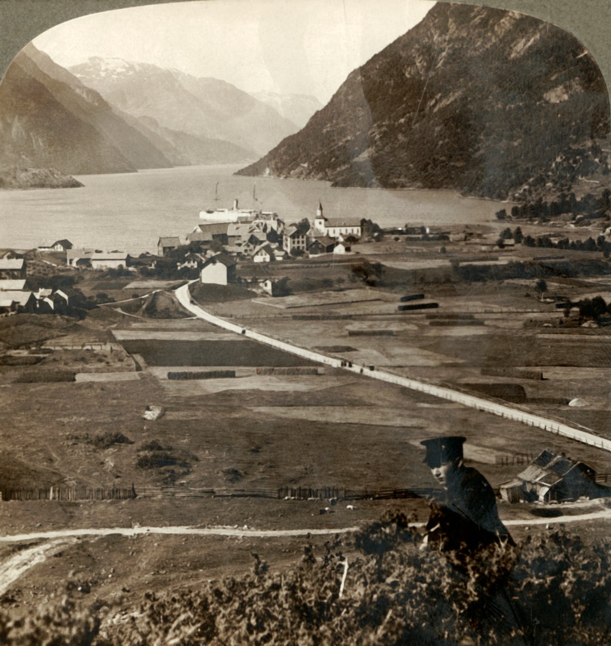 Dächer des Dorfes und sonnige Felder von Odde, N. am engen bergumgebenen Sorfjord, Norwegen von Unbekannt