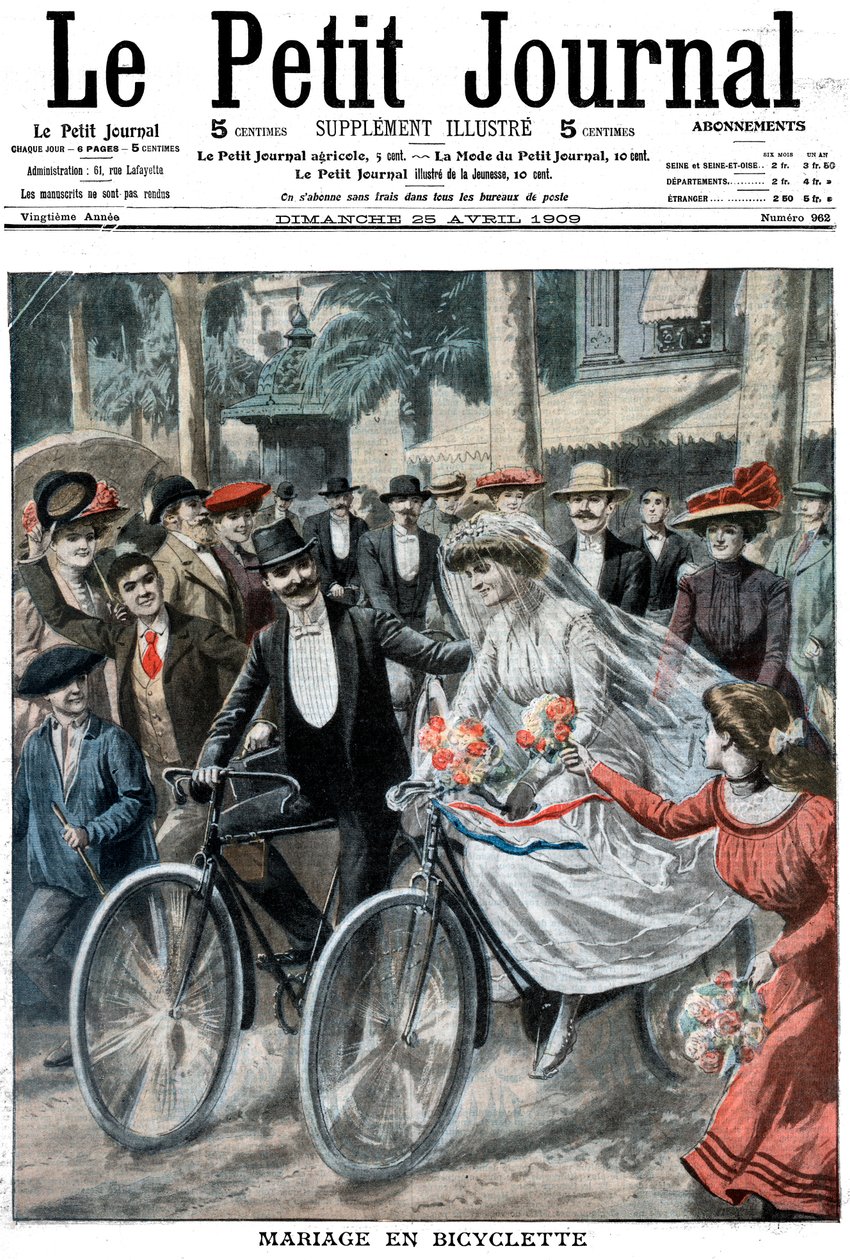 Hochzeitsgesellschaft auf Fahrrädern angeführt von Braut und Bräutigam, Nizza, Frankreich, 1909 von Unbekannt