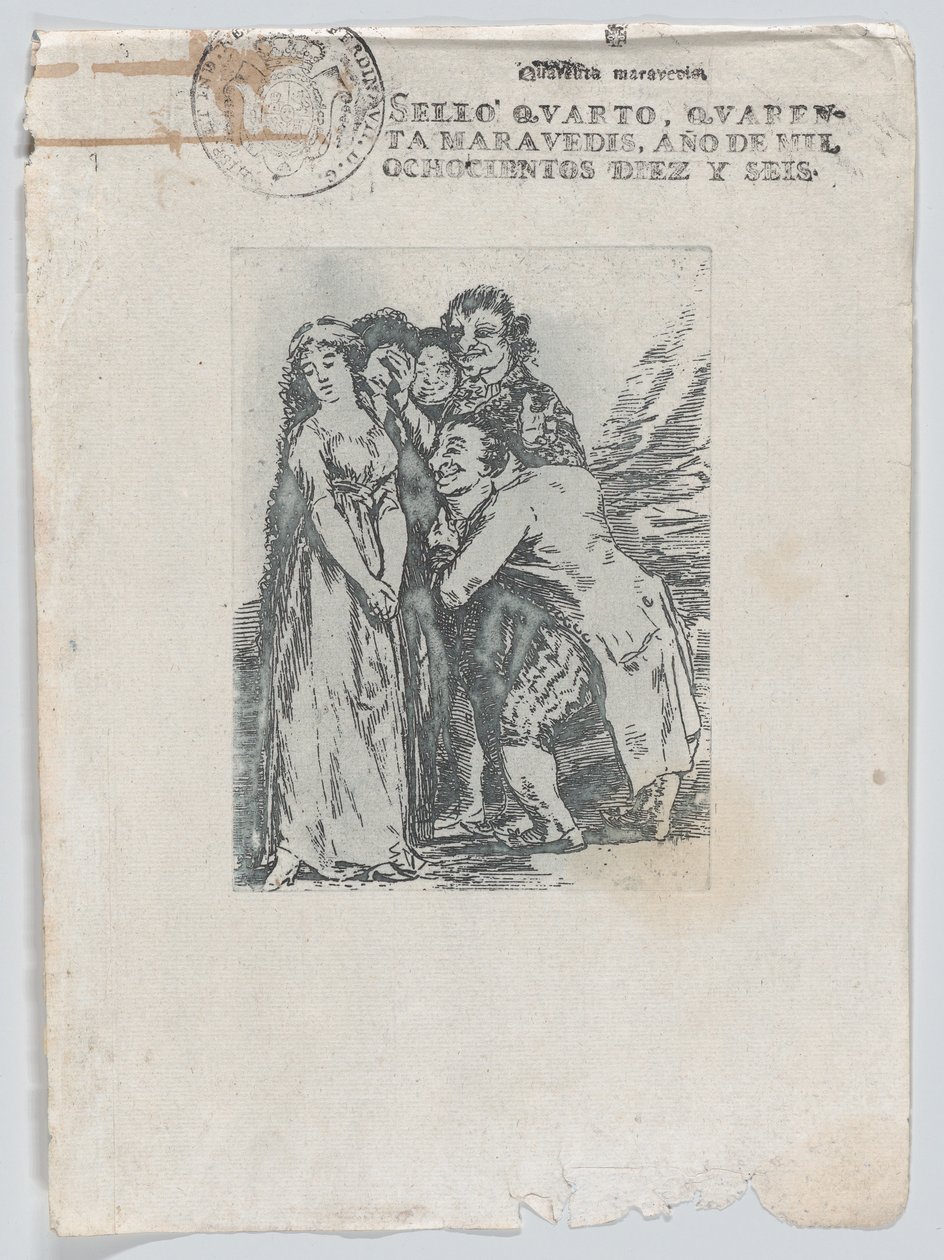 Welch ein Opfer, eine junge Frau umgeben von einer Gruppe von Männern, darunter ihr Fi..., nach 1816 von Unbekannt
