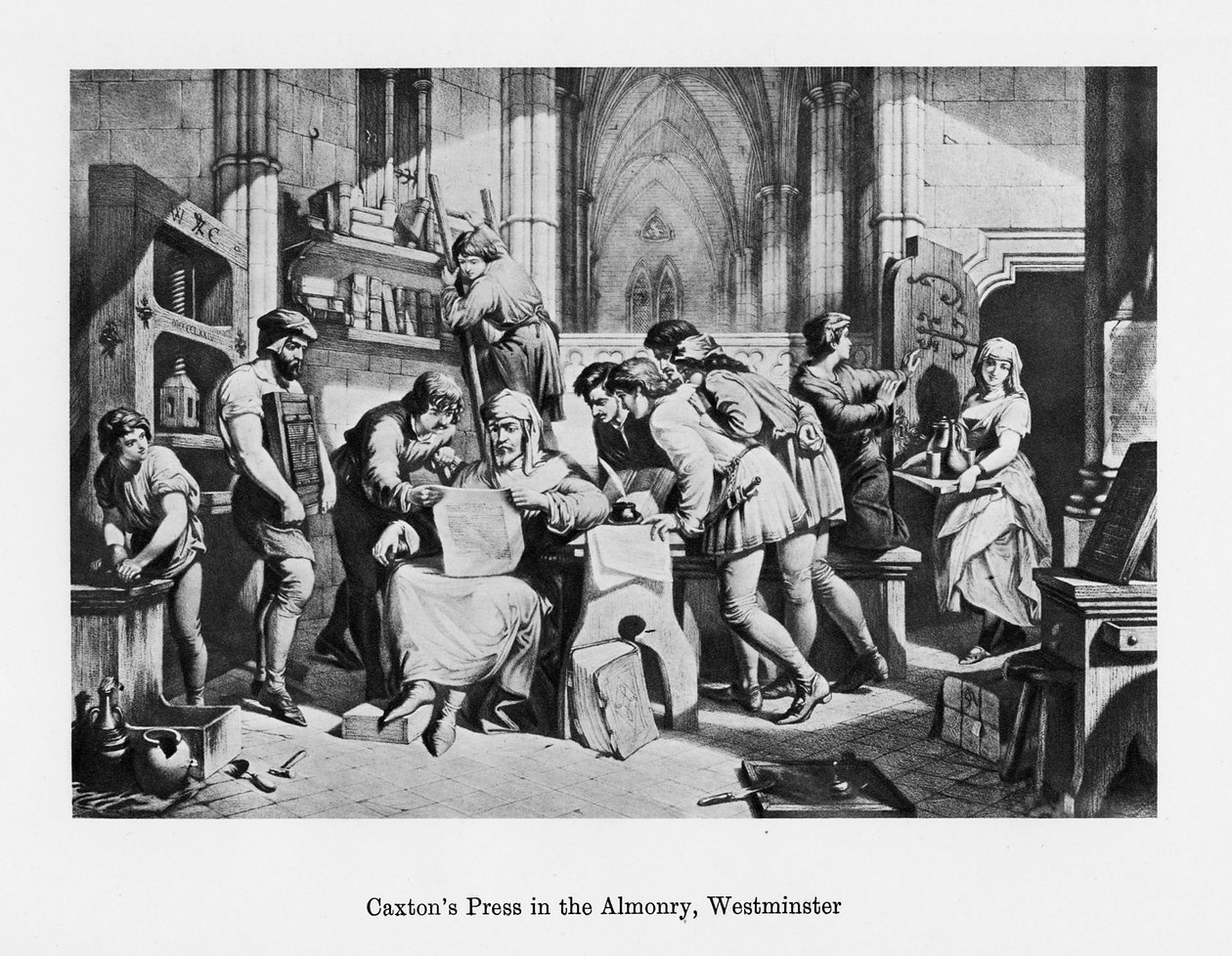 William Caxtons Druckerei im Almonry, Westminster, 15. Jahrhundert, 19. Jahrhundert von Unbekannt