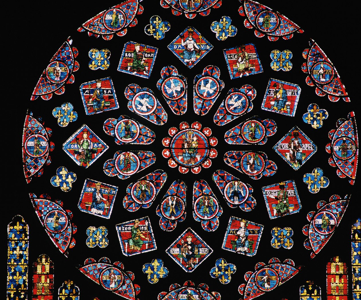 Verherrlichung der Jungfrau Maria, zeigt die Wappen von Blanche von Kastilien unter der Rose, nördliches Rosenfenster, ca. 1223 von Unbekannt Unbekannt