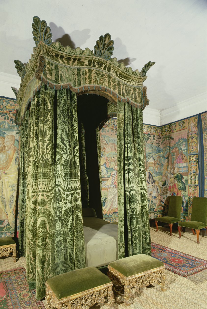 Innenansicht von Hardwick Hall, Derbyshire, zeigt das Grüne Schlafzimmer mit originalen Möbeln und Vorhängen aus dem 16. Jahrhundert von Unbekannt Unbekannt