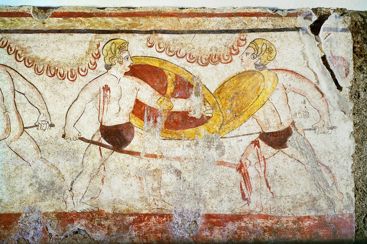 Die Schlacht der Gladiatoren, Detail eines Duells, ca. 3. Jahrhundert v. Chr. von Unbekannt Unbekannt