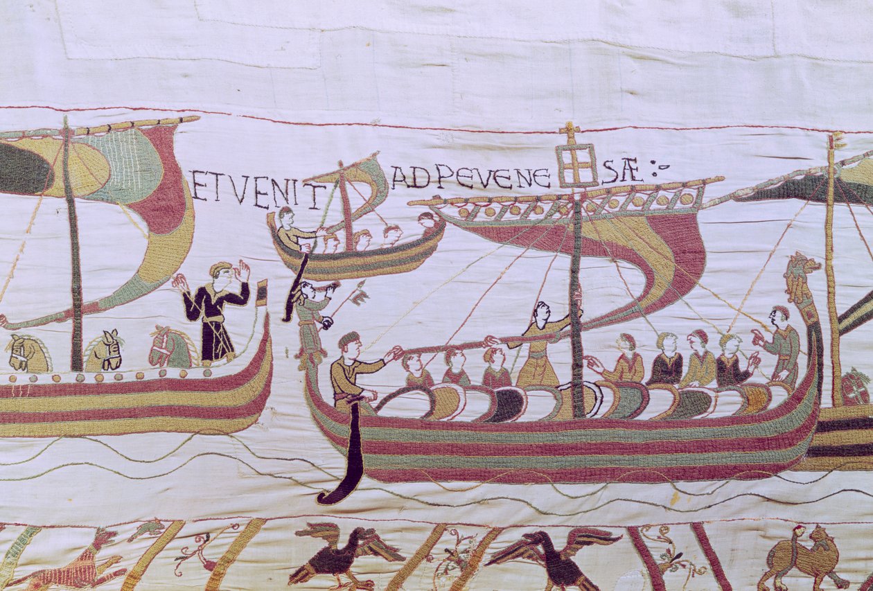 Herzog Wilhelm und die normannische Invasionsflotte überqueren den Kanal, Teppich von Bayeux von Unbekannt Unbekannt