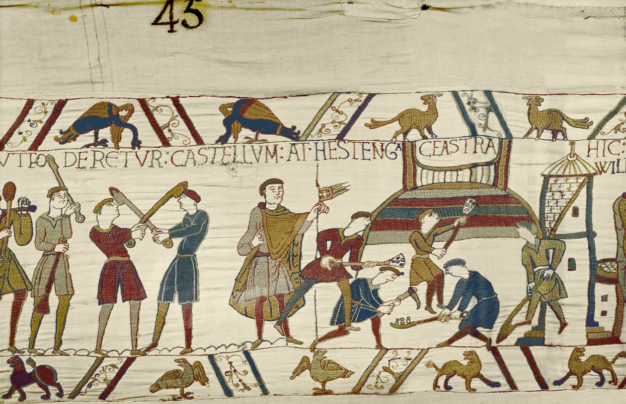Normannen errichten Befestigungen in Hastings, Teppich von Bayeux von Unbekannt Unbekannt