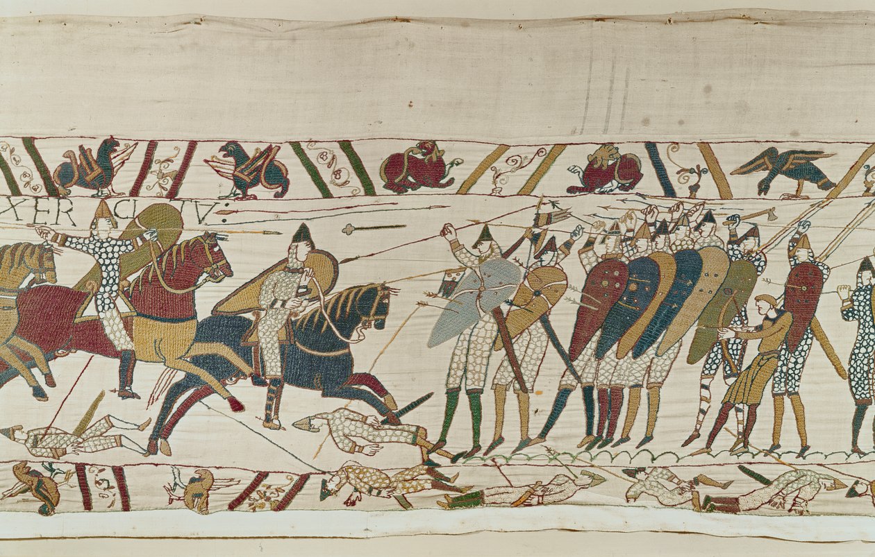 Die Schlacht beginnt, als die normannische Kavallerie die englische Schildmauer angreift, Bayeux-Tapete von Unbekannt Unbekannt