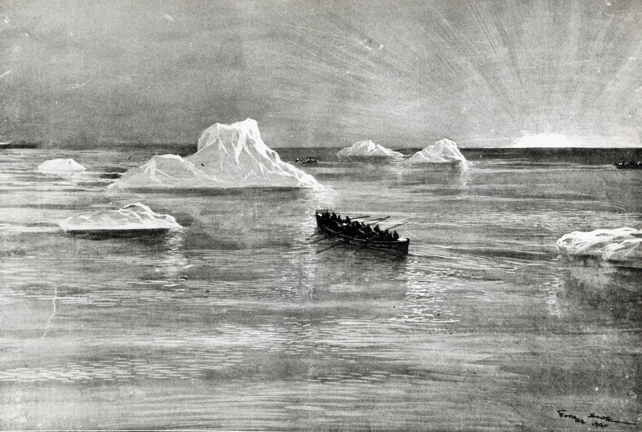 Morgendämmerung für einige der geretteten Passagiere in einem der Rettungsboote der "Titanic", 1912 von Unbekannt Unbekannt