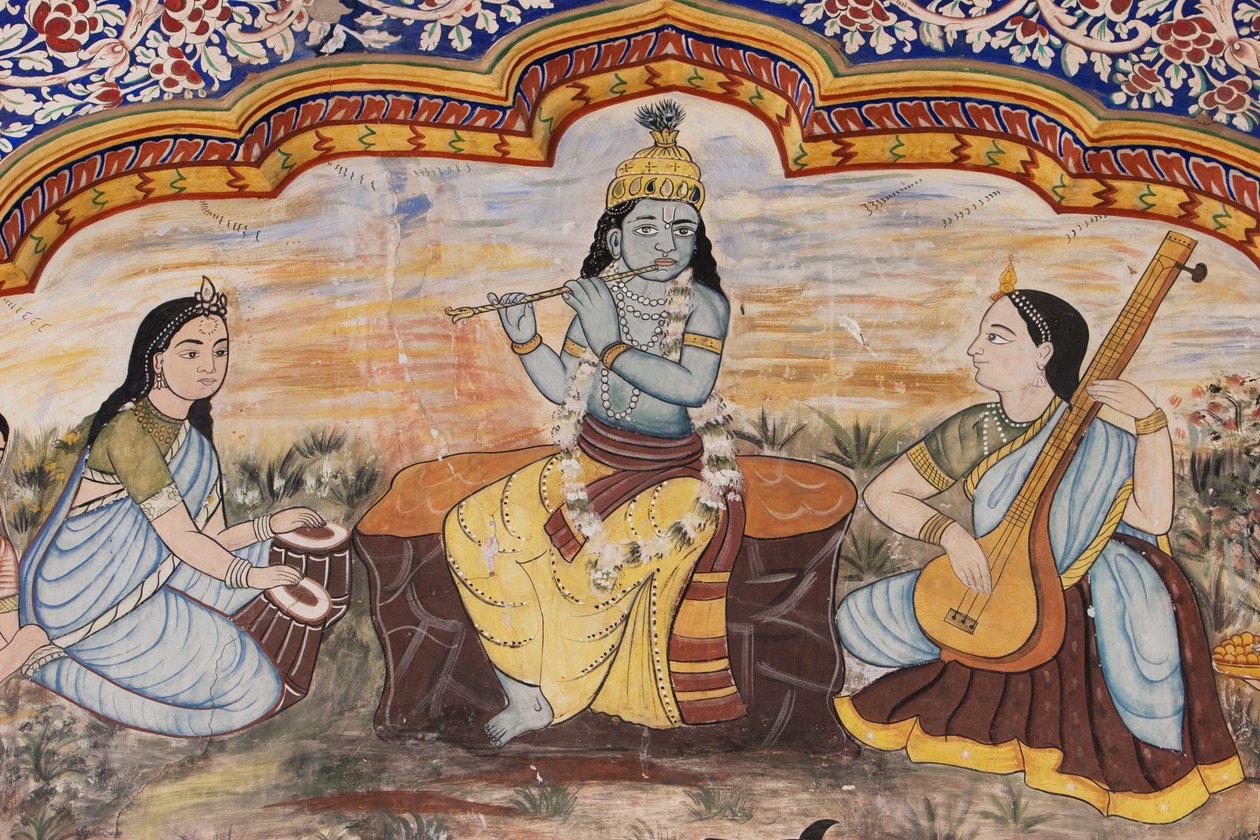 Detail der Gemälde entlang des Innenhofs des Nawalgarh Podar Haveli Museums, Nawalgarh, Rajasthan, Indien von Unbekannt Unbekannt