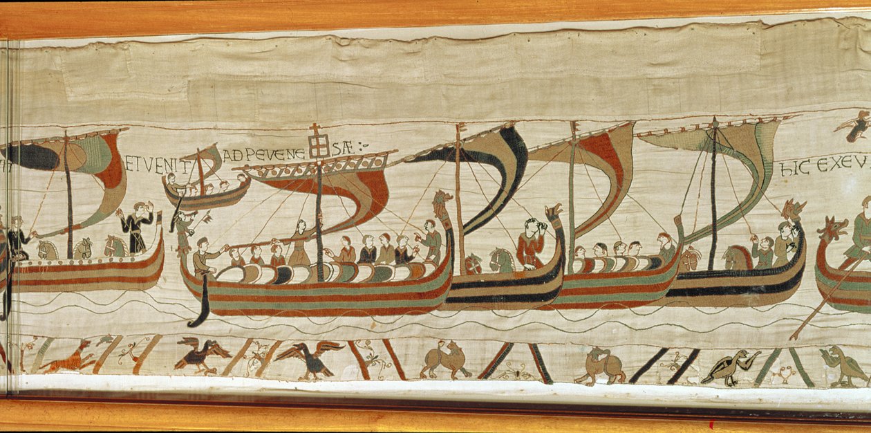 Herzog Wilhelm und die normannische Invasionsflotte überqueren den Kanal, Teppich von Bayeux von Unbekannt Unbekannt