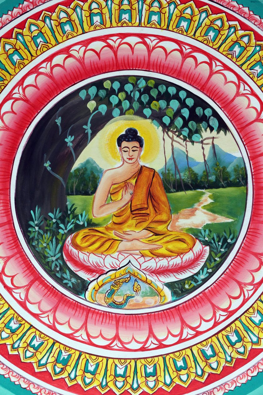 20151029, Vientiane, Laos: Wat Inpeng buddhistischer Tempel. Gemälde, das die Lebensgeschichte von Shakyamuni Buddha darstellt. Der lehrende Buddha zeigt einen besonderen Moment im Leben des Buddha, nämlich die erste Predigt, die der Buddha nach der Erleuc von Unbekannt
