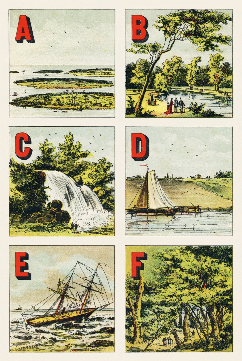 A B C D E F: Archipel, Bois de Boulogne, Wasserfall, Deich, Klippe, Wald von Fontainebleau - Gravur aus Alphabet geographique. Guerin-Muller et Cie, Verleger, Paris von Unbekannt
